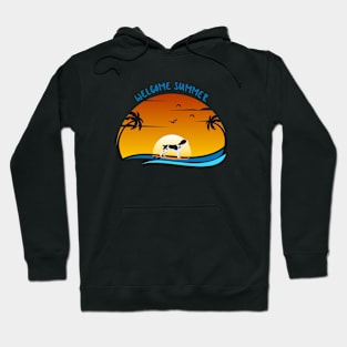 Welcome Summer with Britanny Spaniel Dog on Surf and Summer Landscape with Palm, Sunset Sky and Sea Hoodie